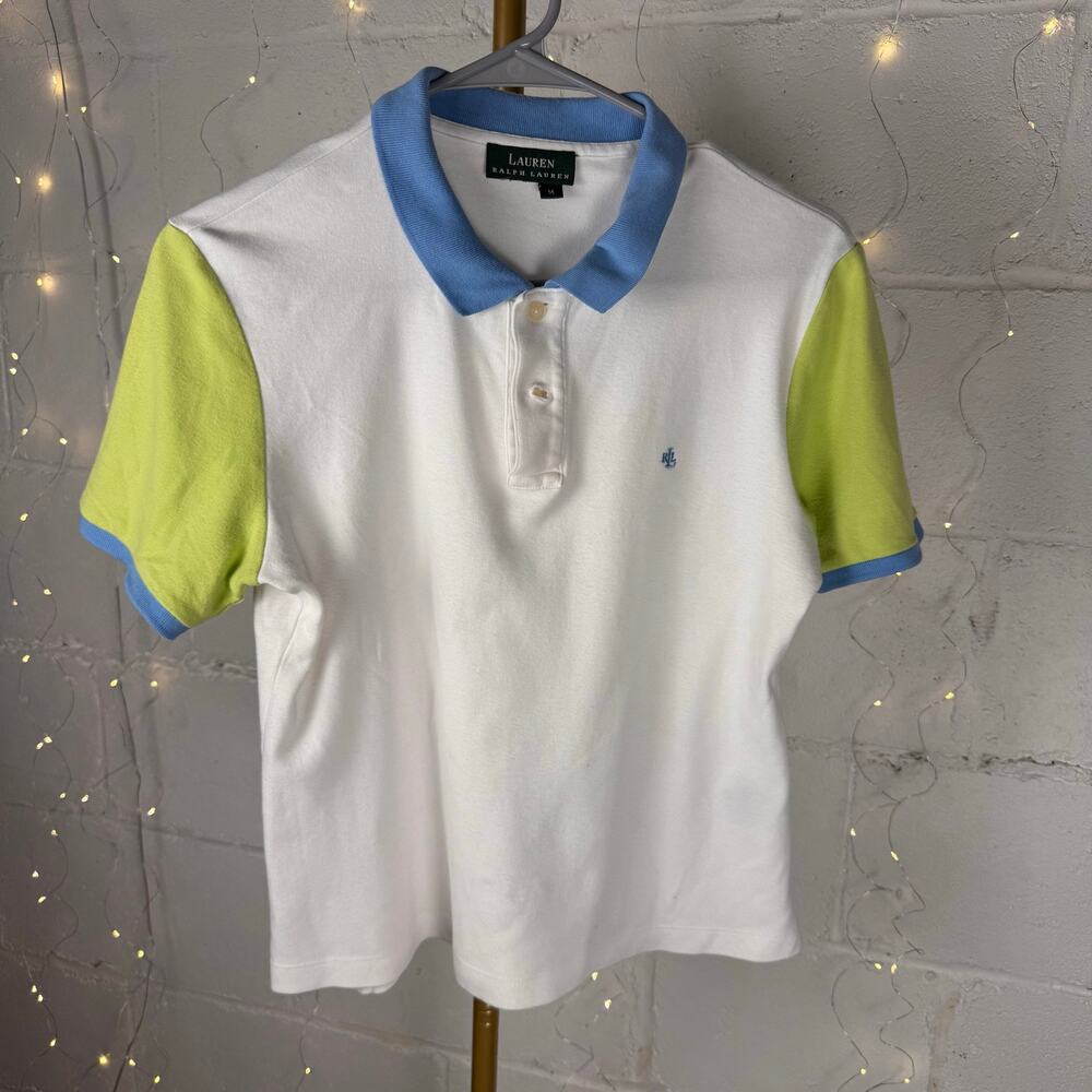 lauren ralph lauren women M colorblock polo shirt white blue lime cotton lrl